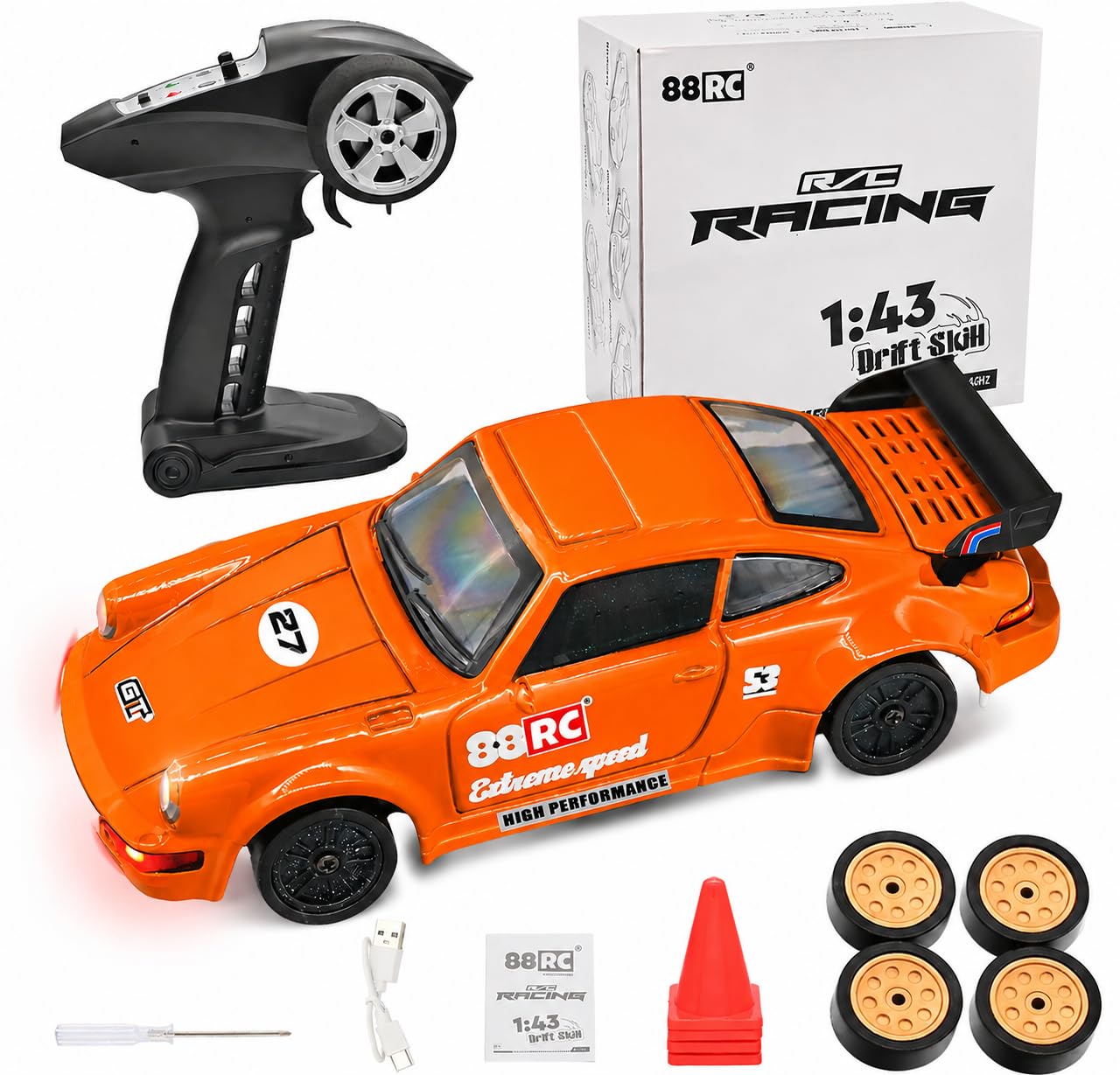 Genérico 43Motorworld Coche teledirigido Drift - Coche radiocontrol de aleación 1/43 con giroscopio, 2,4 GHz Full Proportional, 4WD High Speed RC Coches con Luces LED (911) (Naranja)