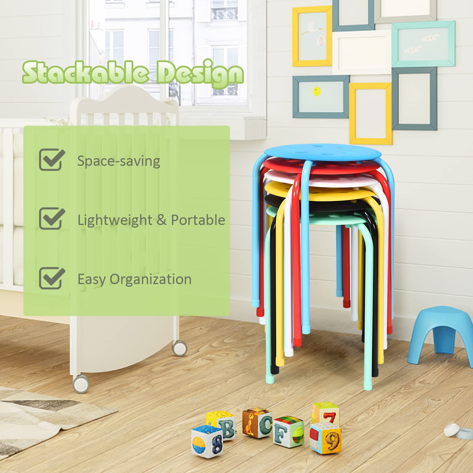 RELAX4LIFE Stapelhocker 6er Set, Esszimmerhocker Stapelbar, Sitzhocker mit X-förmigem Metallrahmen, Küchenhocker Rund, Metallhocker für Esszimmer Wohnzimmer Kinderzimmer, 45 cm Höhe (Bunt)