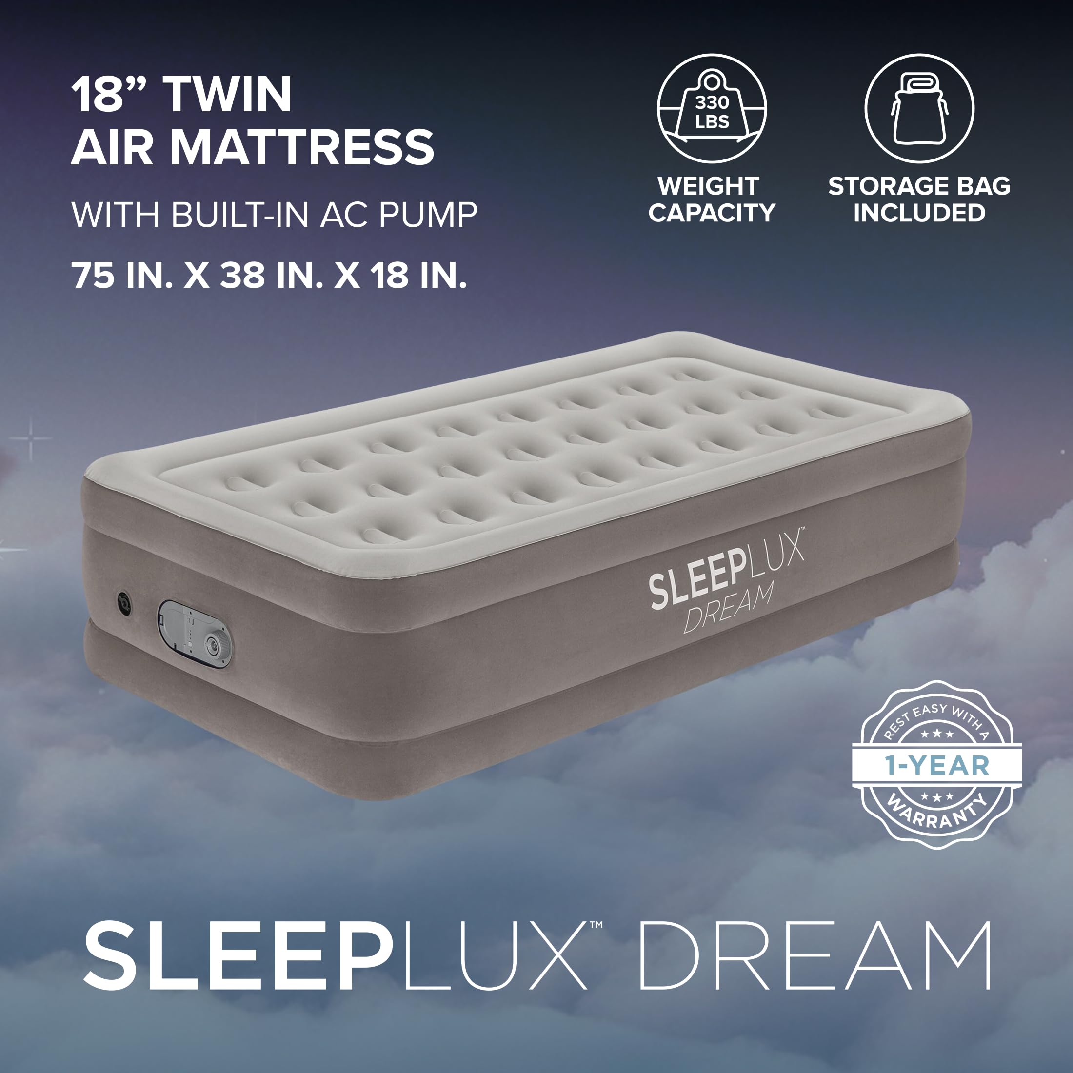 SLEEPLUX Dream Luxus Doppel-Luftmatratze, integrierte Doppelpumpe, bleibt die ganze Nacht aufgeblasen, 45,7 cm, doppelt hohe Luftmatratze mit Spulenbalken, für Gäste, Wohnmobil, Camping & Zuhause, 1