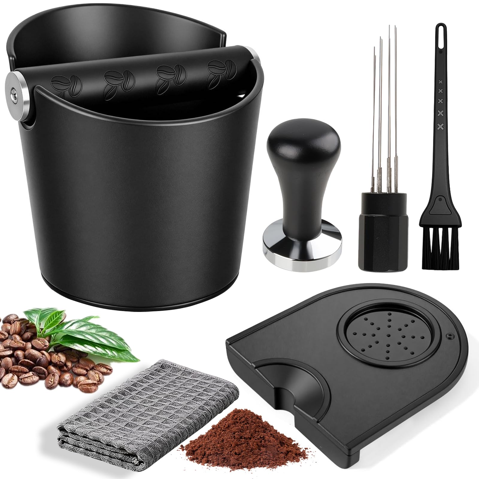 Abklopfbehälter für Siebträger Set, 6PCS Kaffeesatz Abschlagbehälter mit Tampermatte, Kaffeestampfer, Nadel, Reinigungsbürste, Tuch, Groß Knock Box mit Abnehmbarer Metall-Klopfstange Schwarz
