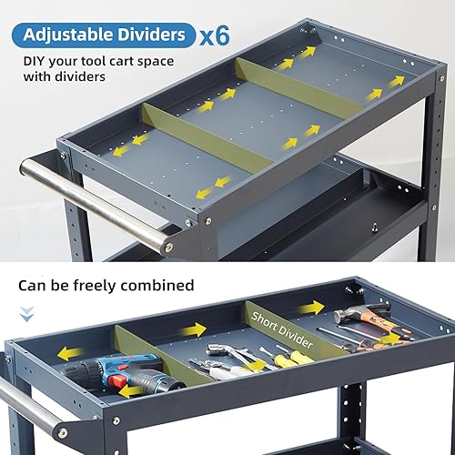 Miniatura 3 de Carrito de herramientas rodante de 3 niveles con 6 divisores, paneles de malla y estante para destornilladores, capacidad de 500 libras, 32.5 x 31.5