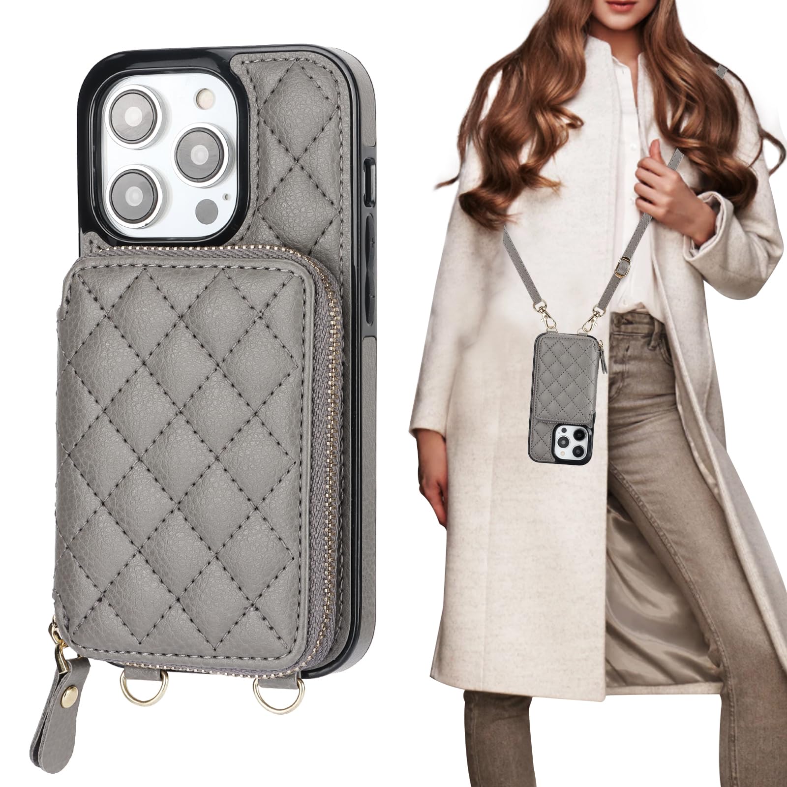 Bocasal Crossbody Wallet Case for iPhone 14 Pro, RFID Blocking PU Leather Zipper Handbag Purse Flip Cover, Kickstand Folio Case with Card Slots Holder