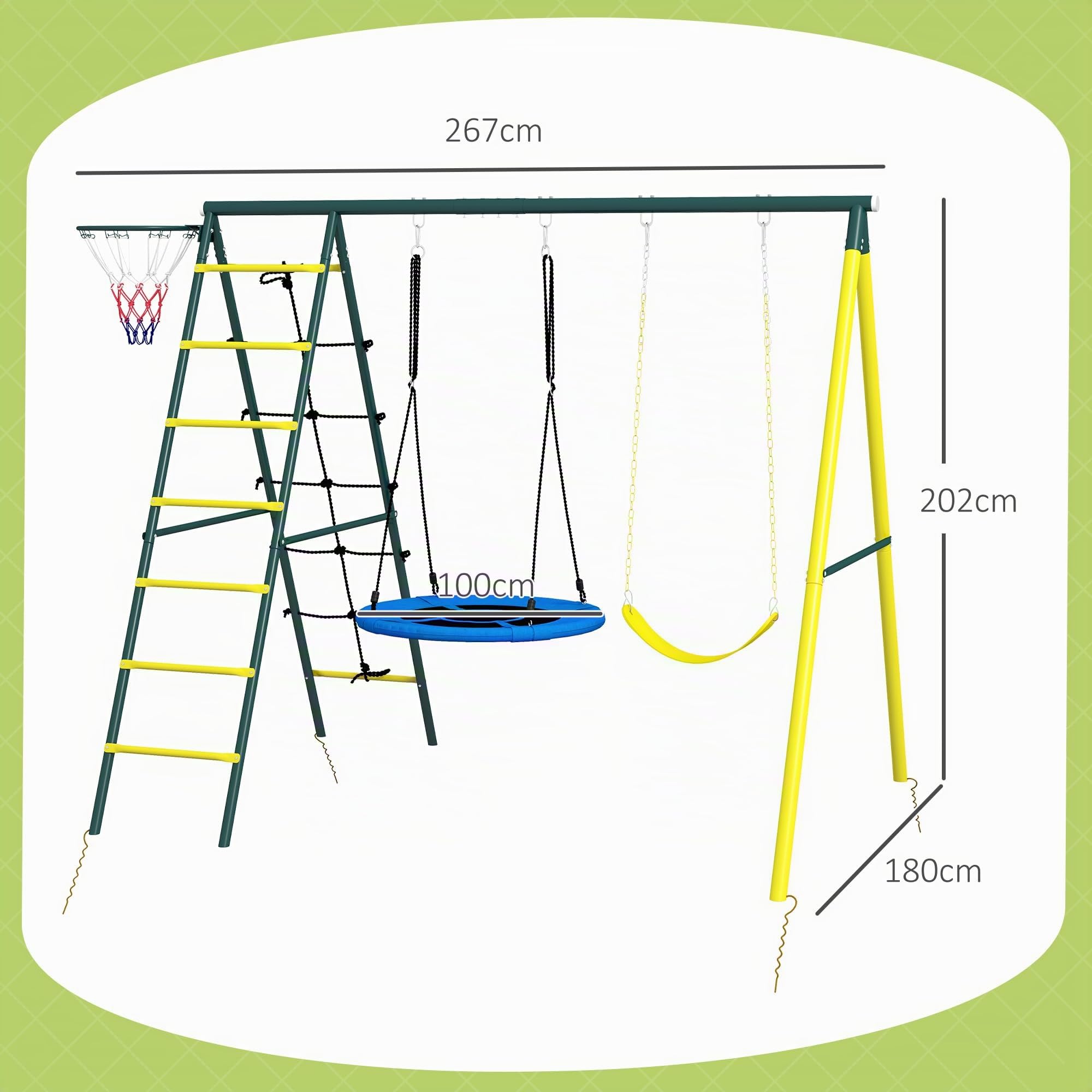 Outsunny Columpio Infantil 4 en 1 Exterior Nido Niños 3 a 8 Años Amarillo | Columpio Individual, Red para Escalar, Canasta de Baloncesto, Escalera, Carga 160 kg, Parque Infantil