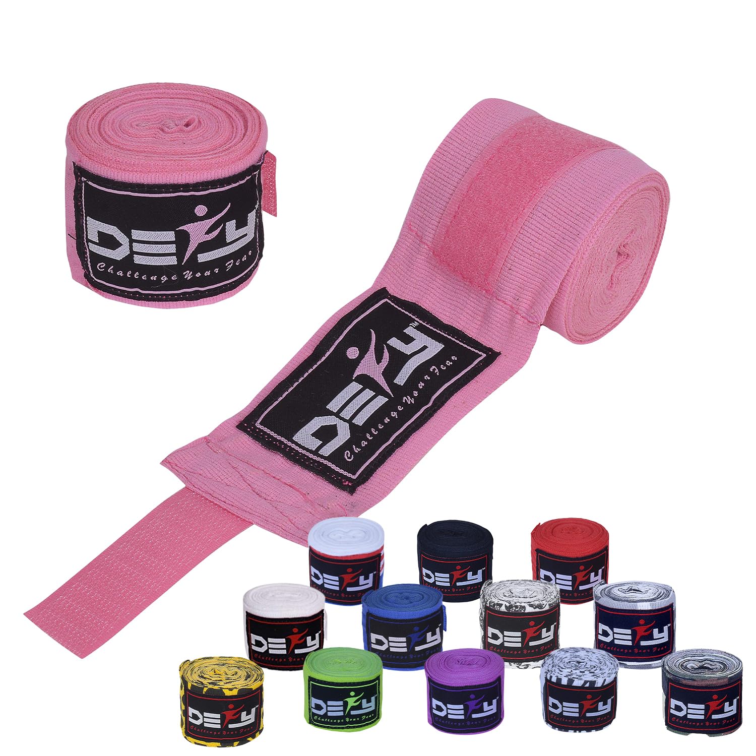 DEFY Professional 180 Inch Hand Wraps for Boxing Muay Thai MMA Elastic Bandages for Men & Women -Pair (Pink)