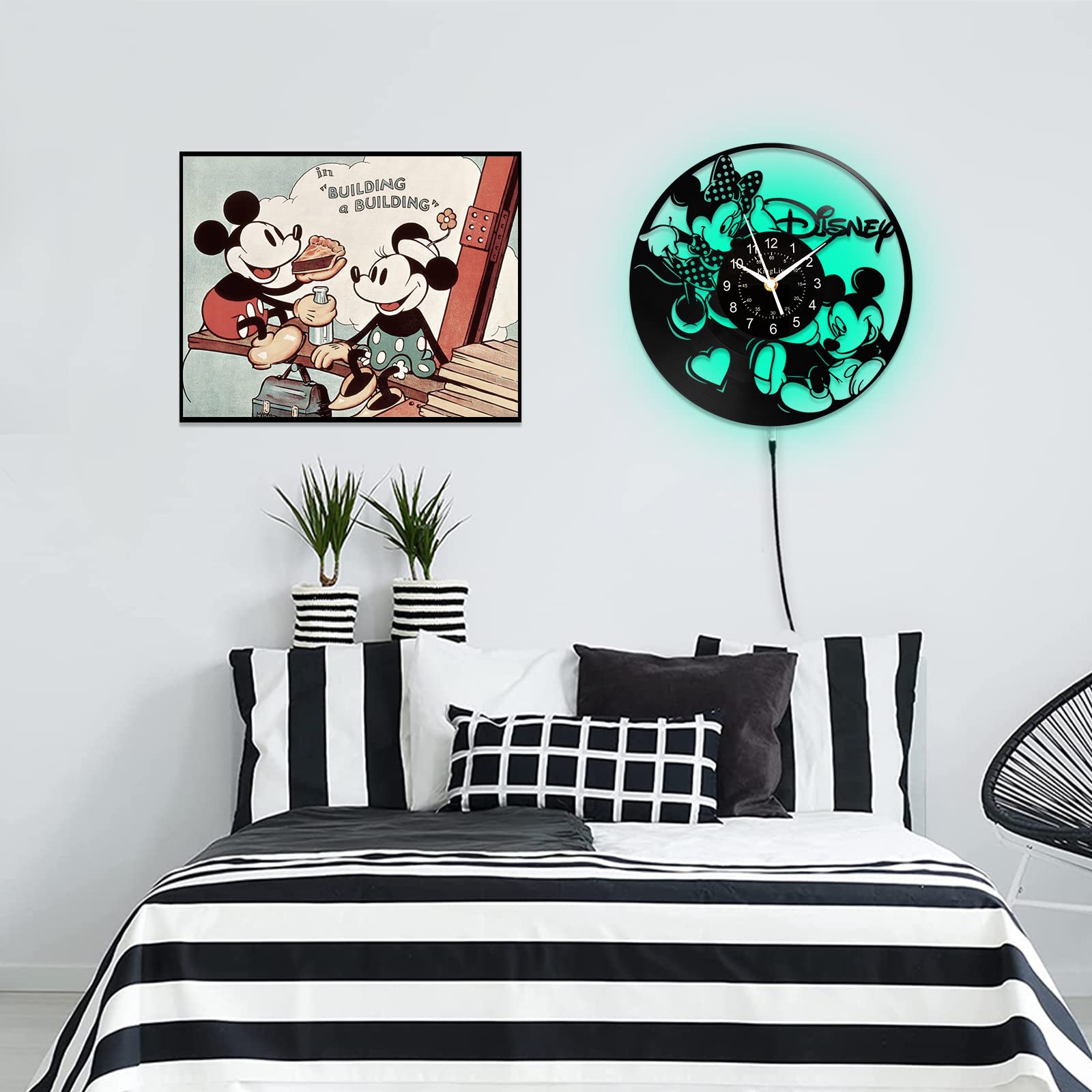 AVJERA Mouse Wall Clock, Cartoon Movie Mick Vinyl Record Clock 12 Inch LED 7-Color Night Light Round Classic Minni Decor Mouse Silent Clocks, Room Decor Gifts to Kids
