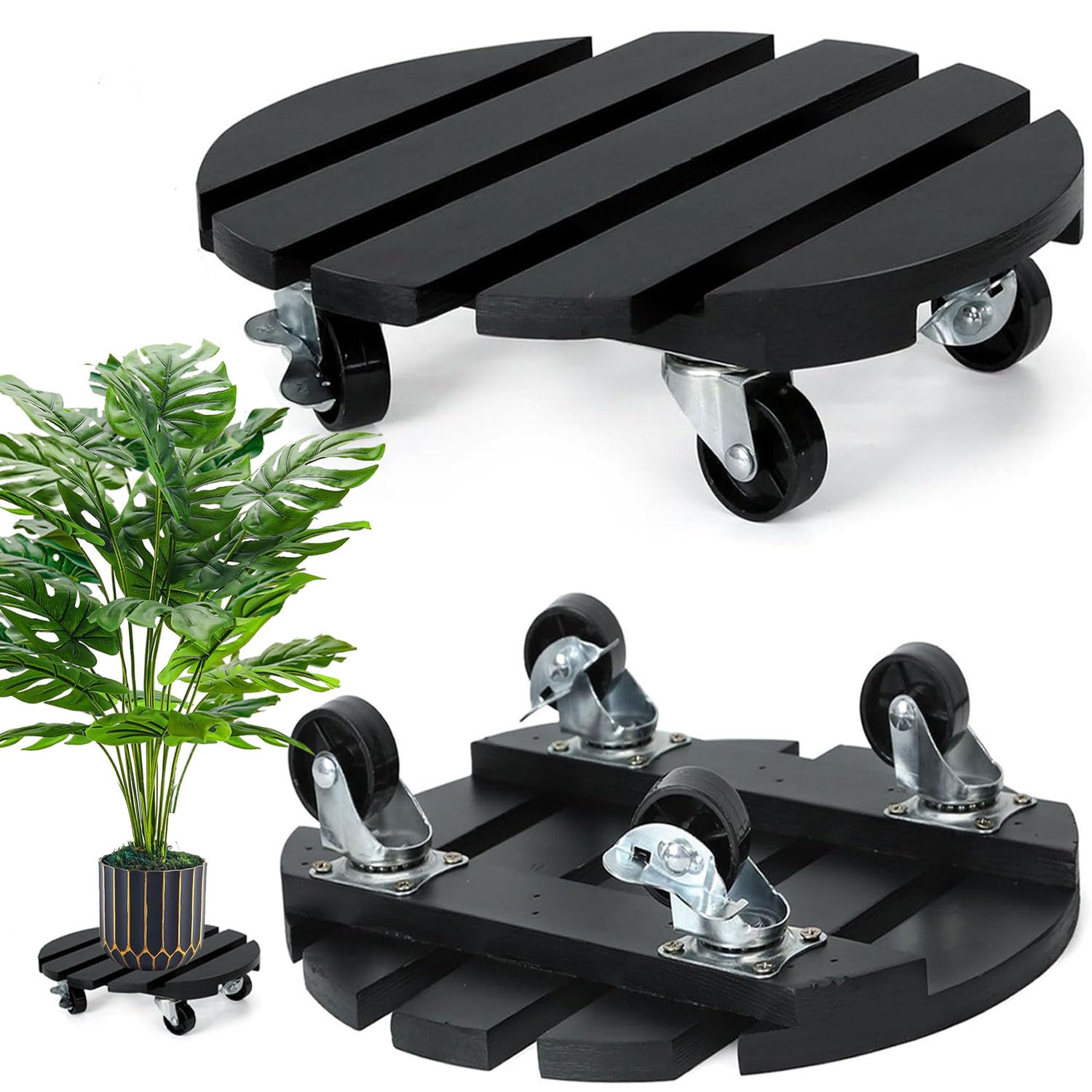 Exquilnova 2 Pack Round Plant Trolley,12 Inches Wood Plant Caddy with Wheels,Mobile Heavy Duty Plant Stand with 2 Metal Lockable Casters for Indoor,Outdoor,Home,Garden,Office (Black)