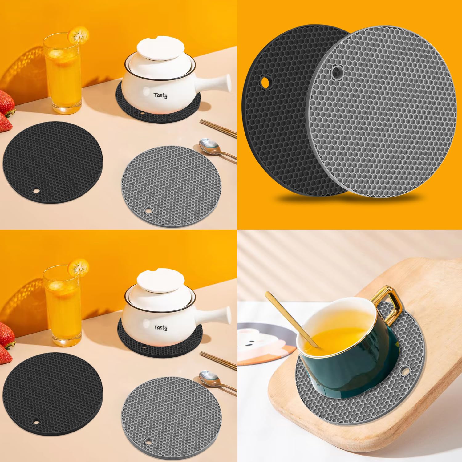 Sottopentola in silicone antiscivolo, 6 pezzi, sottopentola da cucina per pentole calde, cuscinetti rotondi per padelle, nero e grigio