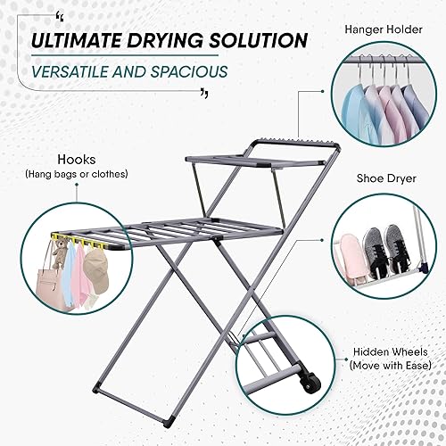 Miniatura 5 de XABITAT Escurridor de ropa con secadora de zapatos, sin montaje, construcción de metal, pies antideslizantes, 2 niveles con ganchos, ruedas ocultas,