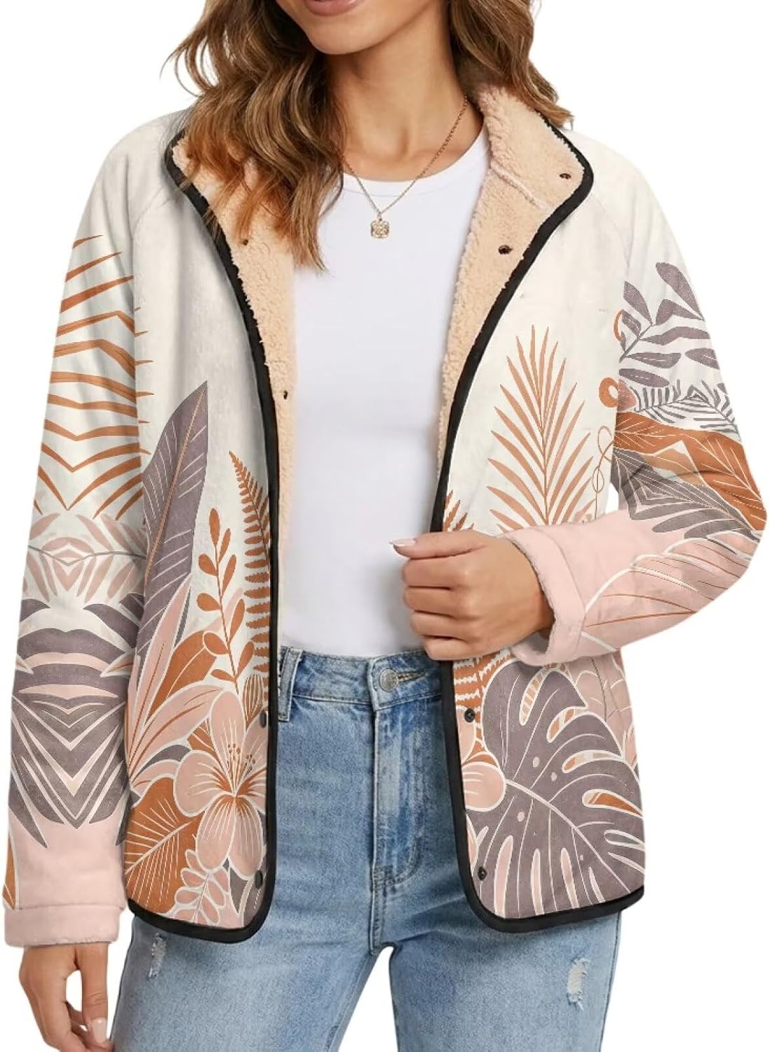Women's Fuzzy Fleece Snap Front Sherpa Lined Jacket with Pockets