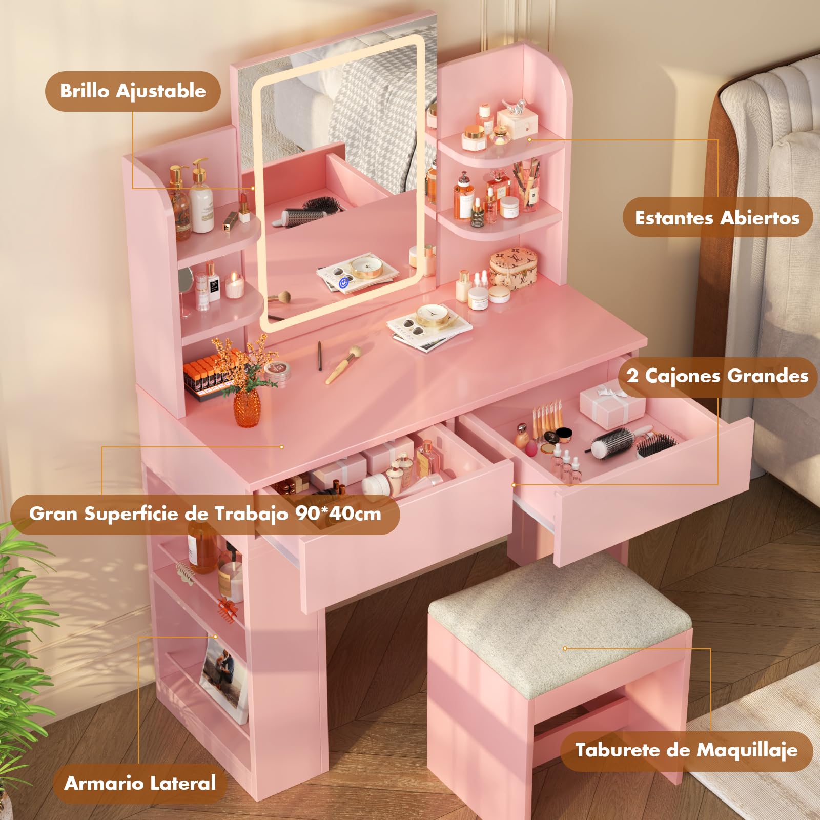 Devoko Tocador de Maquillaje con Taburete y Luces LED, Brillo Ajustable, Mesa de Maquillaje con Espejo, con 2 Cajones Grandes y 4 Estantes Abiertos y Taquilla Lateral, Vanity Moderno, Rosa