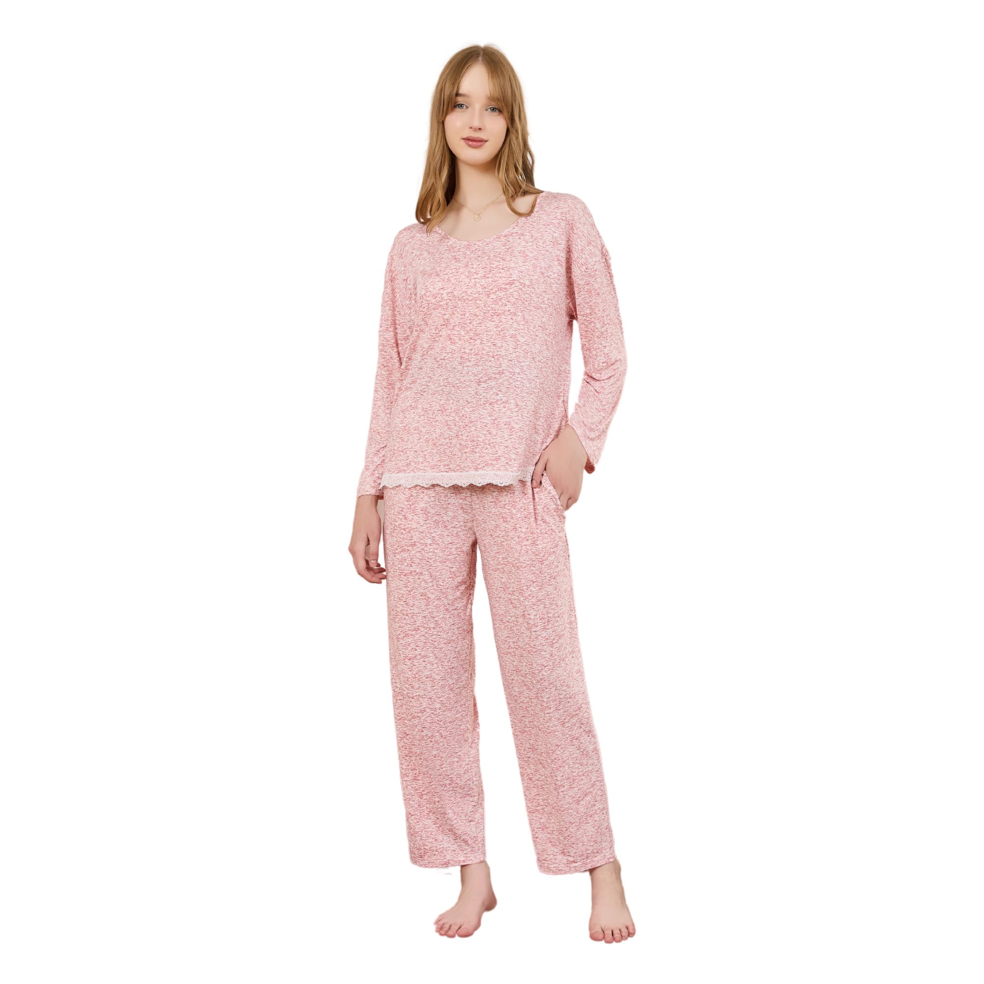 U2SKIIN Long Sleeve Womens Pajama Sets, Comfy Lightweight Pajama Sets for Women 2 Piece Soft Round Collar Lounge Pjs