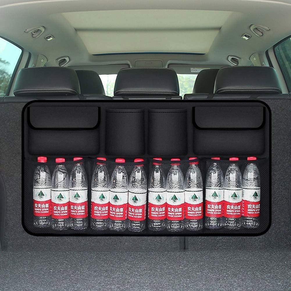 Car Trunk Organizer, 8 Pocket Backseat Trunk Organizer, Collapsible Cargo Net Storage for SUV, Truck, MPV, Space Saving Hanging Car Interior Accessories with Adjustable Straps for Men and Women, Black