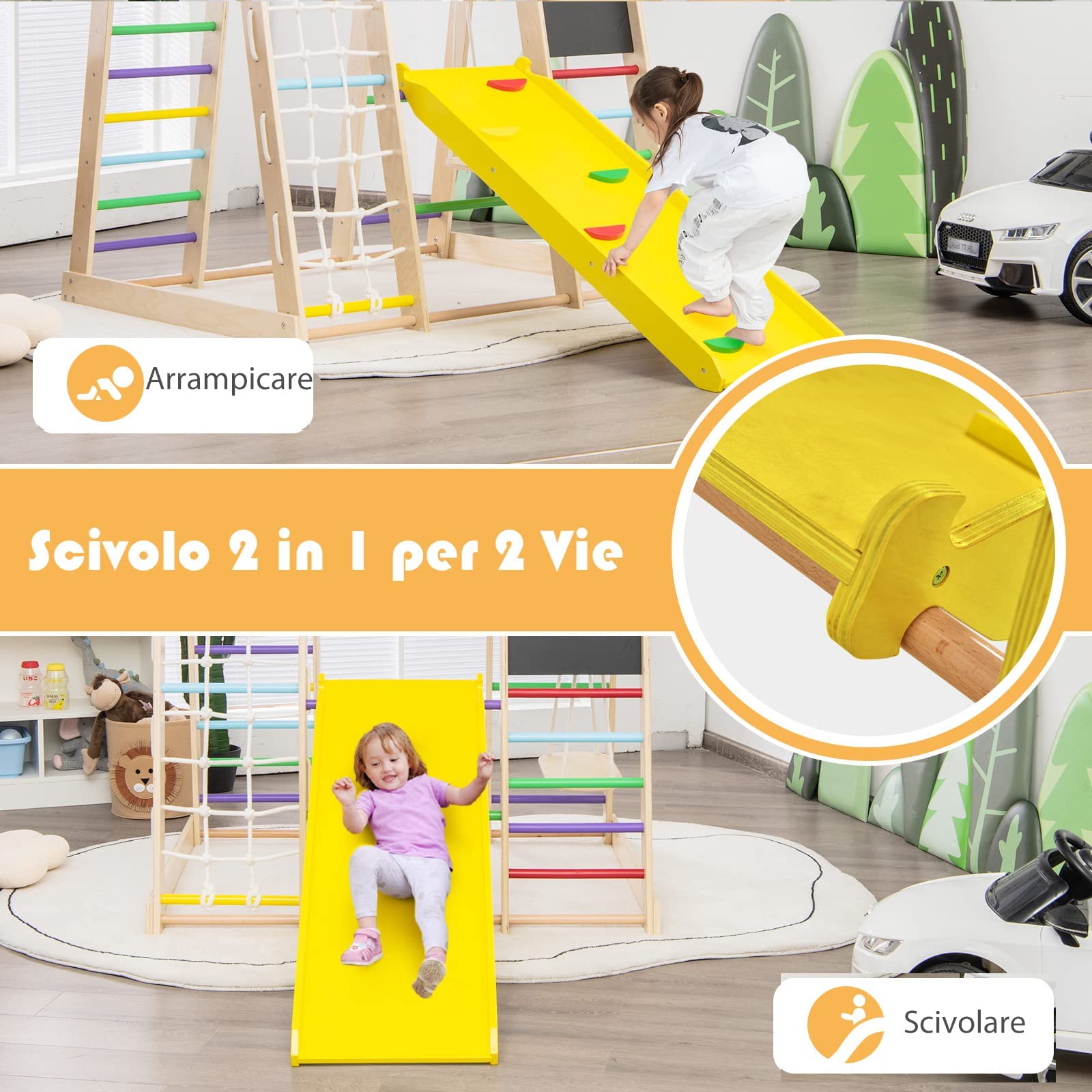 RELAX4LIFE 8 in 1 Triangolo da Arrampicata Multifunzione, Parco Giochi in legno Massello con Scivolo, Altalena e Lavagna, Uso Interno, per Bambini 1 a 5 anni (Modello 3 Colorato)