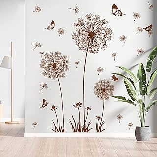 Dechom Brown Dandelion Wall Paper Sticker Pull and Stick Flying Butterflies Wall Decor Removable Vinyl Decals Backdrop Home Decoration(Brown)