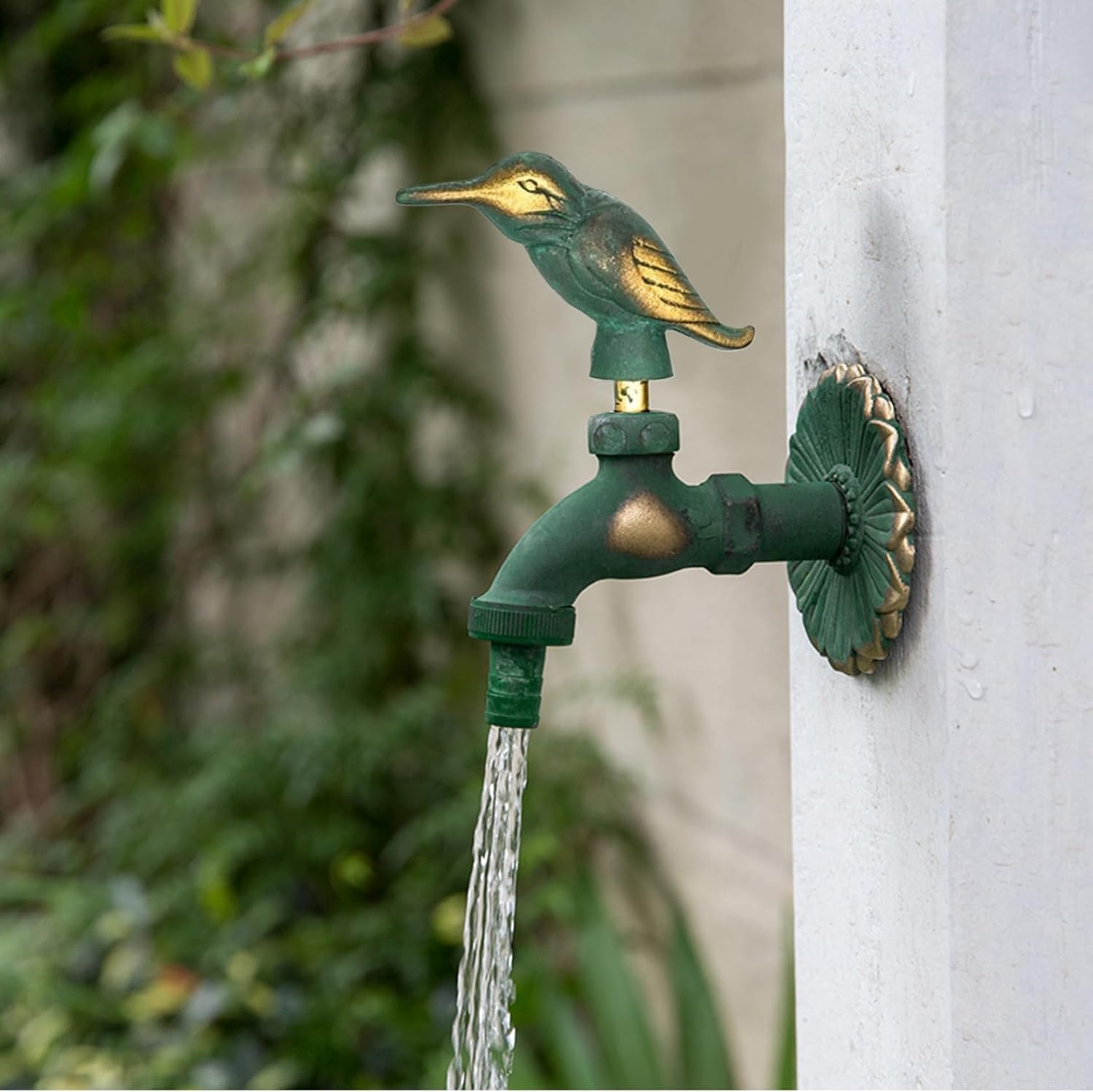 Vintage Brass Garden Hose Faucet with Woodpecker Handle, Wall Mounted Outdoor Water Tap for 3/8 Inch Water Pipe, Decorative Exterior Garden Tap