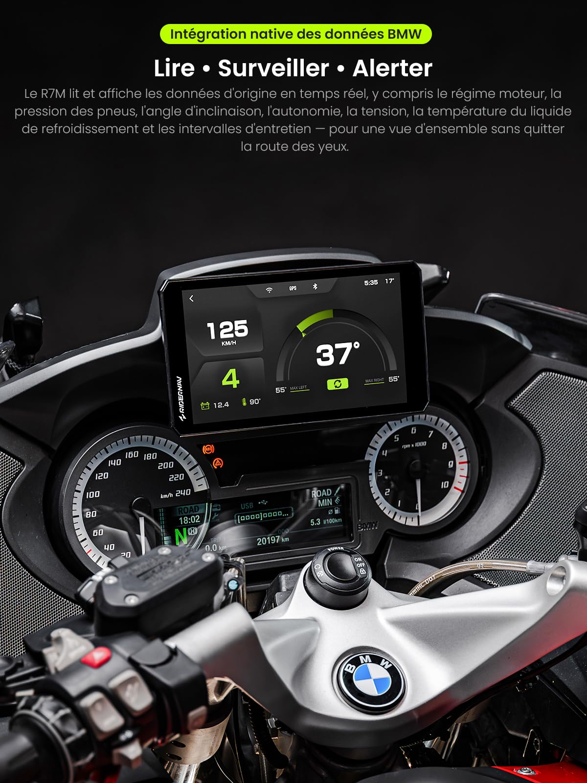 R7M 7" CarPlay et Android Auto sans Fil pour Motos BMW - Commande Native Wonder Wheel & Action Camera | Lecture des Données en Temps Réel (TPMS/RPM) | Mises à Jour OTA | GPS IP69K | Nav Pre