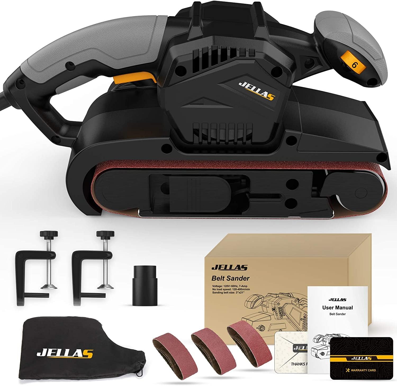 Jellas 7Amp Belt Sander 3 × 21-Inch with Dust Bag, Bench Sander with Variable-speed Control, 2 in 1 Vacuum Adapter, 10 Feet (3 Meters) Length Power Cord, Belt Sanders for Woodworking