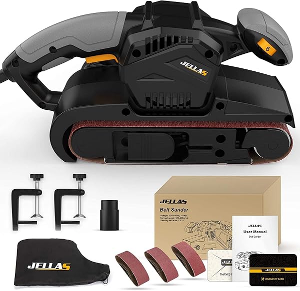 Jellas 7Amp Belt Sander 3 21-Inch with Dust Bag, Bench Sander with Variable-Speed Control, 2 in 1 Vacuum Adapter, 10 Fee