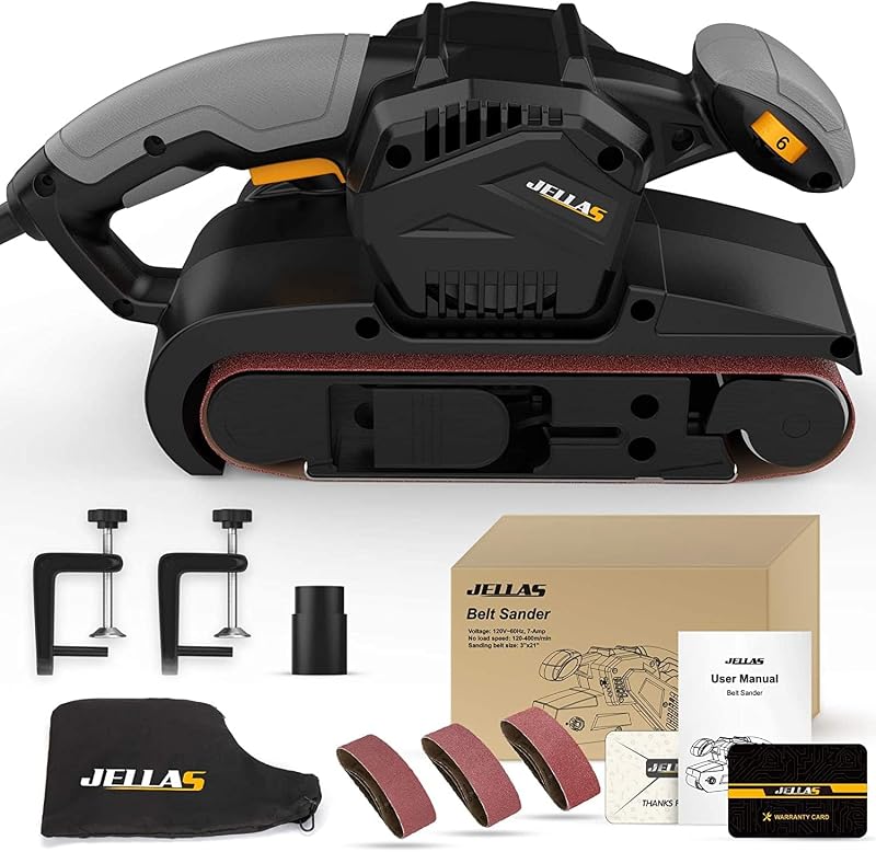 Lijadora de banda de mano Jellas de 7 amperios, 3 21 pulgadas con bolsa para el polvo para carpintería | Control de velocidad variable, adaptador de aspiradora 2 en 1, cable de alimentación de 10 pies, diseño de recolección de polvo para proyectos de lijado de madera