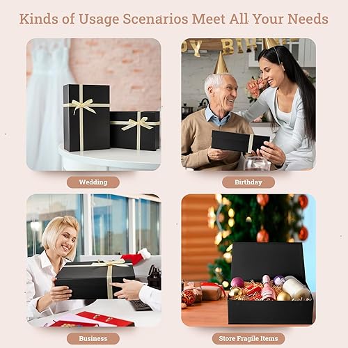 Miniatura 9 de MESHA 1 caja negra de 13.5 x 9 x 4 pulgadas con cintas para padrinos de boda, propuesta de cumpleaños, Navidad, cajas de regalo negras con tapas