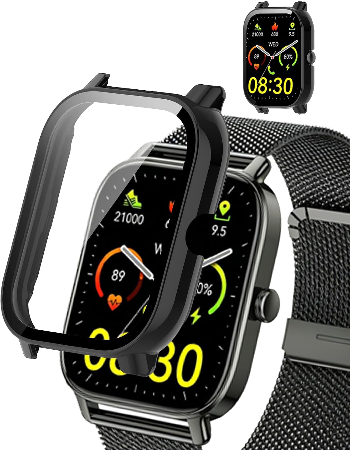 Case Cover for zhizhi P91 1.85" Smartwatch,All-in-One Protective Cover with Tempered Glass Screen Protector,PC Hard Bumper,Anti-Scratch,Shockproof,HD Clear,Touch Sensitive (Black)