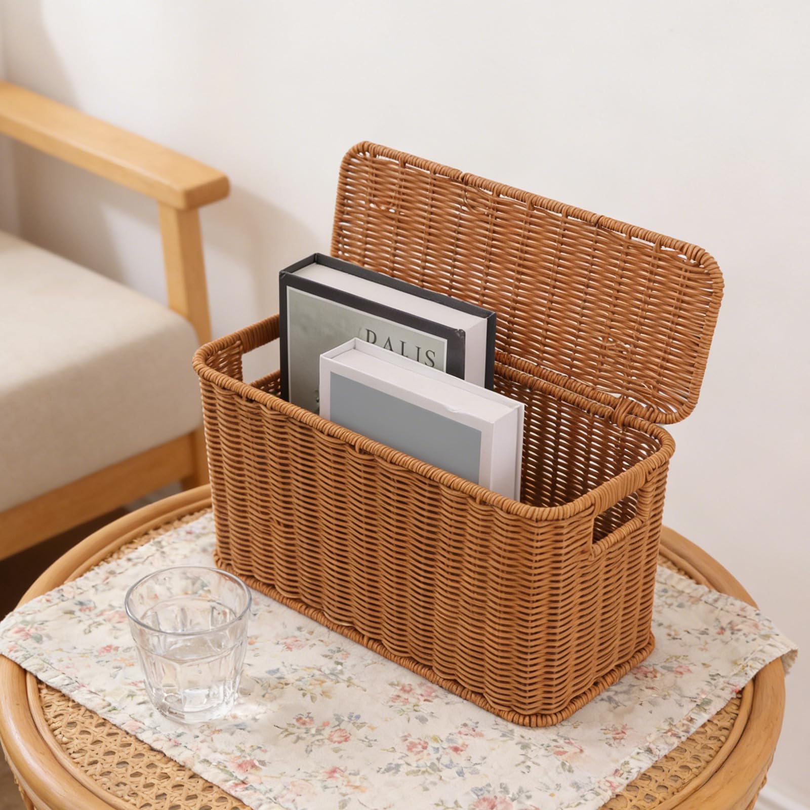 Cesta de Almacenamiento Estrecha y Alta con Tapa y Asas, Imitación Rattan