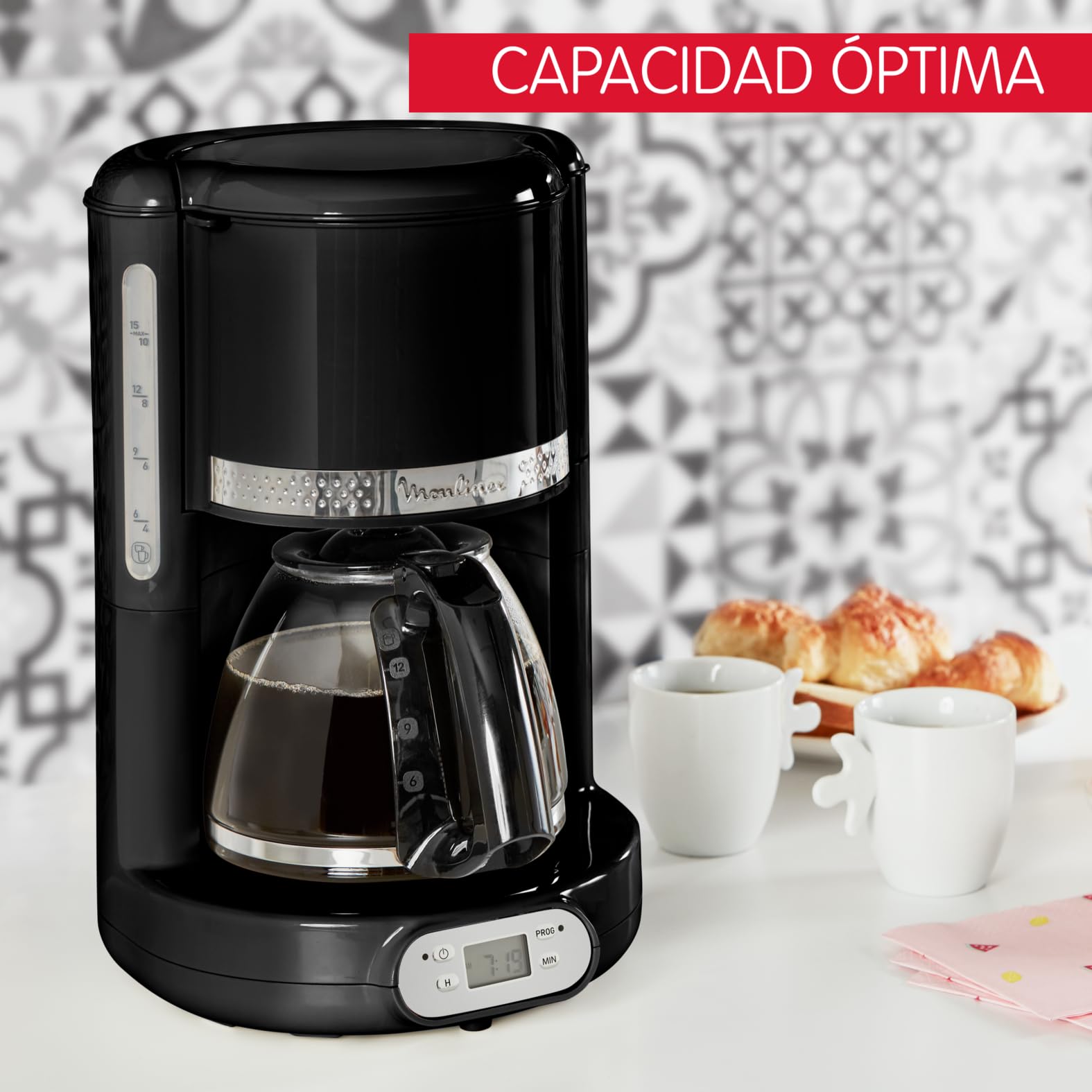 Moulinex Soleil – Cafetera filtro, capacidad de 1,25 L, hasta 15 tazas, control nivel del agua, temporizador programable, función mantener caliente, jarra cristal, color negro, FG380B