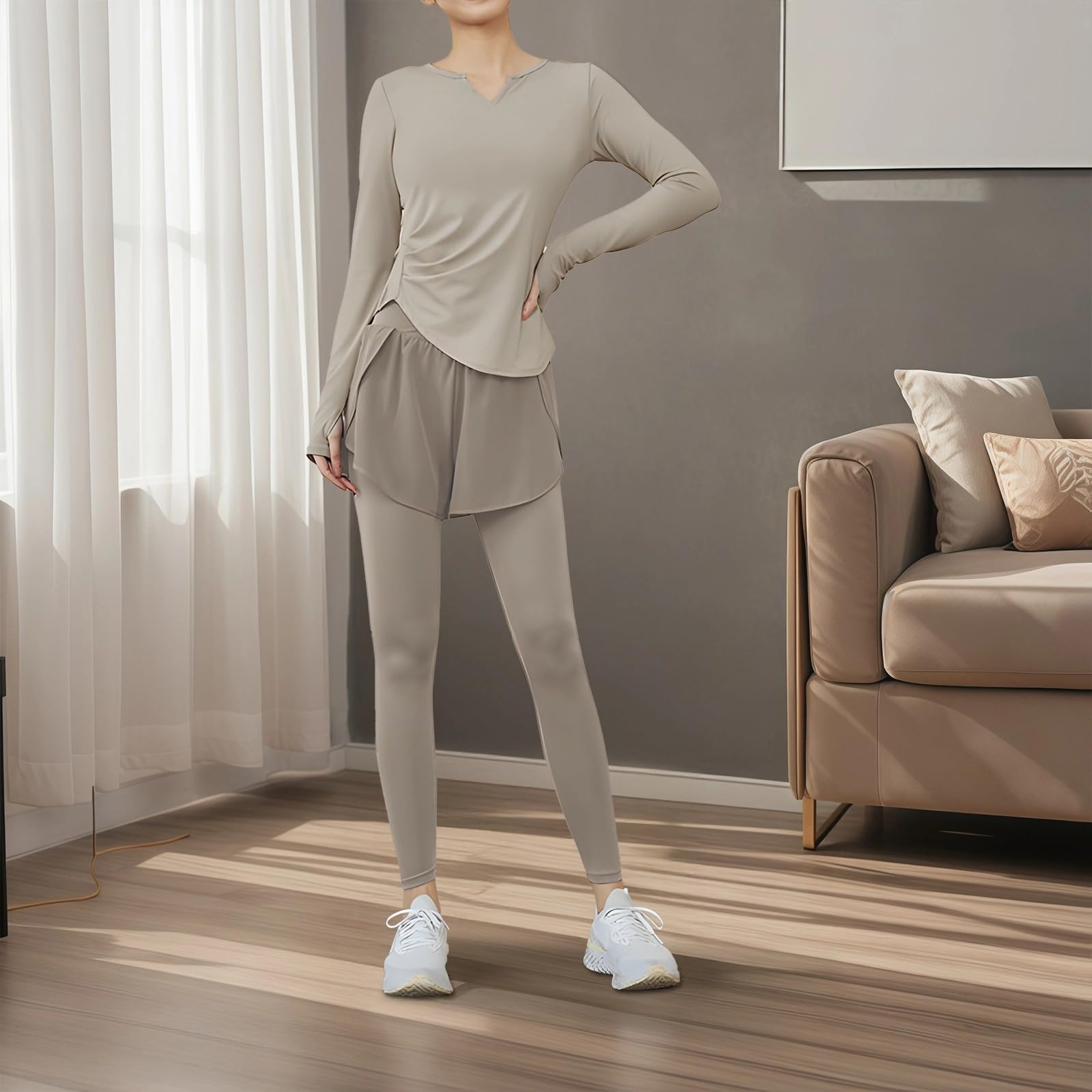 Conjunto de entrenamiento de 3 piezas para mujer, traje de yoga con telas transpirables y tecnología antibolitas, XXL para 135-150, ropa deportiva cómoda y versátil, Kahki., Talla única