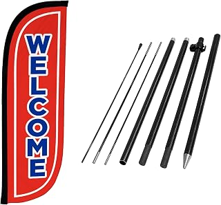 LookOurWay Feather Flag Pole Kit - 6 Feet Tall Advertising Flag Banner with Fiberglass Pole Set with Integrated Spike for Business Promotion - Open Flags - Welcome Red & Blue