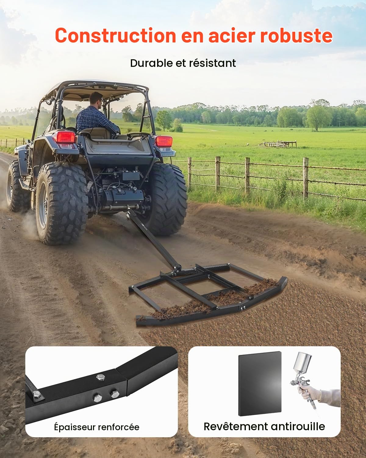 VEVOR Herse Traînée 1670 mm Râteau Niveleur Remorquable d'Allée de Gravier en Acier Q235 avec Barres Réglables, Capacité Charge 22,7 kg, Outil de Nivellement pour VTT, UTV, Tracteur de Pelouse Jardin
