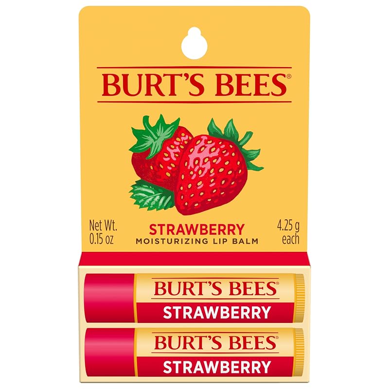 Bálsamo labial Burt's Bees Strawberry com cera de abelha, sem cor, Pacote com 2 tubos de 4,3 g