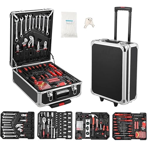 800 PCS Home Tool Set with Rolling Tool Box, Professional Mechanic Repair Kit, General Household Hand Tool Set with Aluminum Trolley Case for Homeowner, DIY