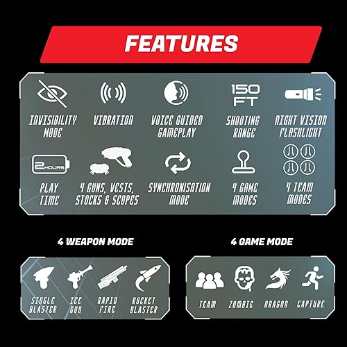 Miniatura 34 de Pistolas de combate láser ArmoGear con juego de 4 chalecos. Equipo de combate Láser para varios jugadores, para adolescentes, niños y adultos. Para