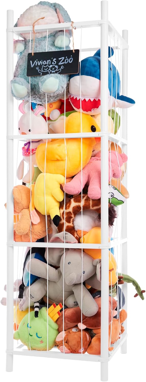 Large Stuffed Animal Storage Organizer, Wooden Stuffed Animal Storage Zoo, Toy Holder, Space Saving Toy Tower for Kidroom, Playroom, Kid’s Gift, White