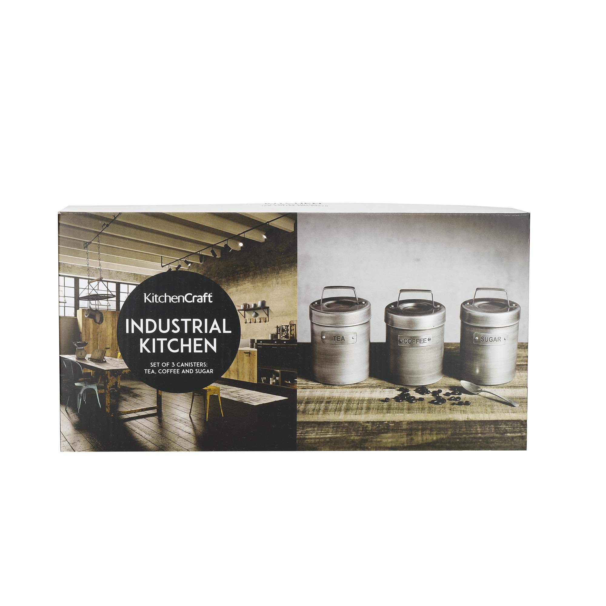 KitchenCraft Industrial Kitchen Set di 3 Barattoli in Metallo, 1 x Tè, 1 x Caffè, 1 x Zucchero, Confezione Regalo Inclusa, Design Vintage, 9 cm x 9 cm x 17 cm