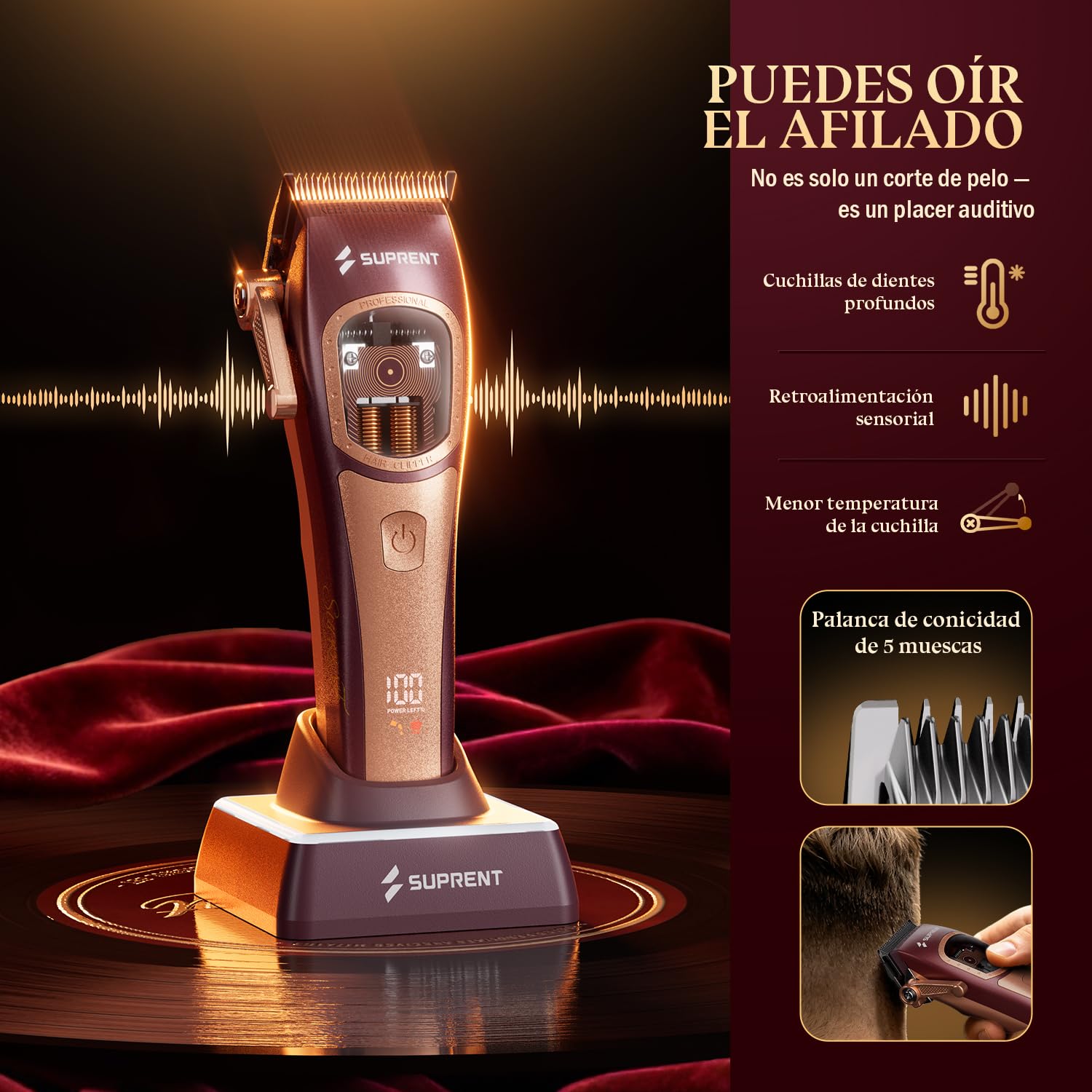 SUPRENT Maquina de Cortar Pelo Hombre, Cortapelos Profesional 8500-11000RPM | Motor Vectorial Inteligente de Doble Bobina, Cortapelos Inalámbrico, Bases de Carga, Uso de Barbero-Rojo