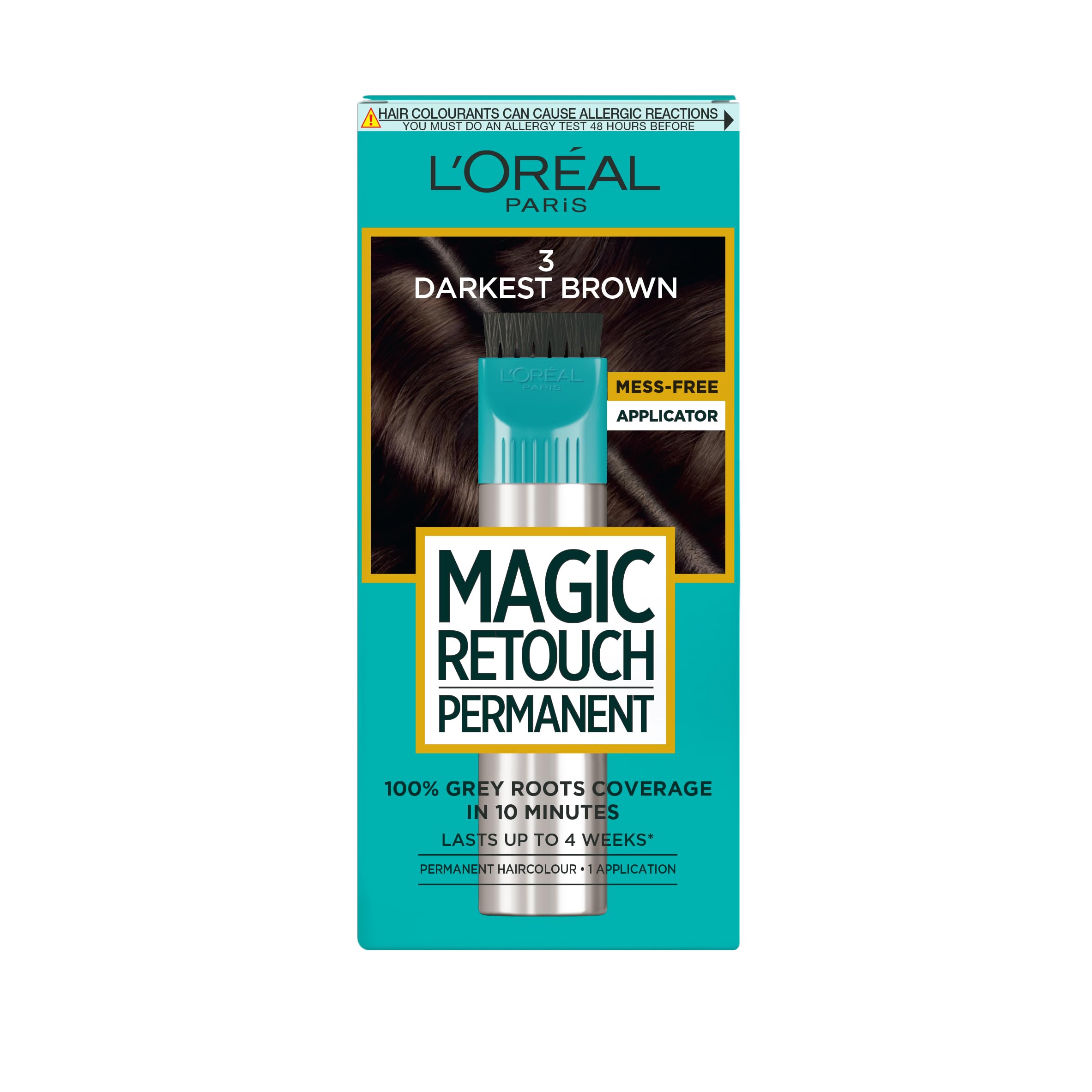 L'Oréal Paris Magic Retouch Instant Root Spray, Darkest Brown 3. Ensures flawless coverage for grey regrowth in 3 seconds. This 75ml spray offers a quick, easy, natural-looking root touch-up.