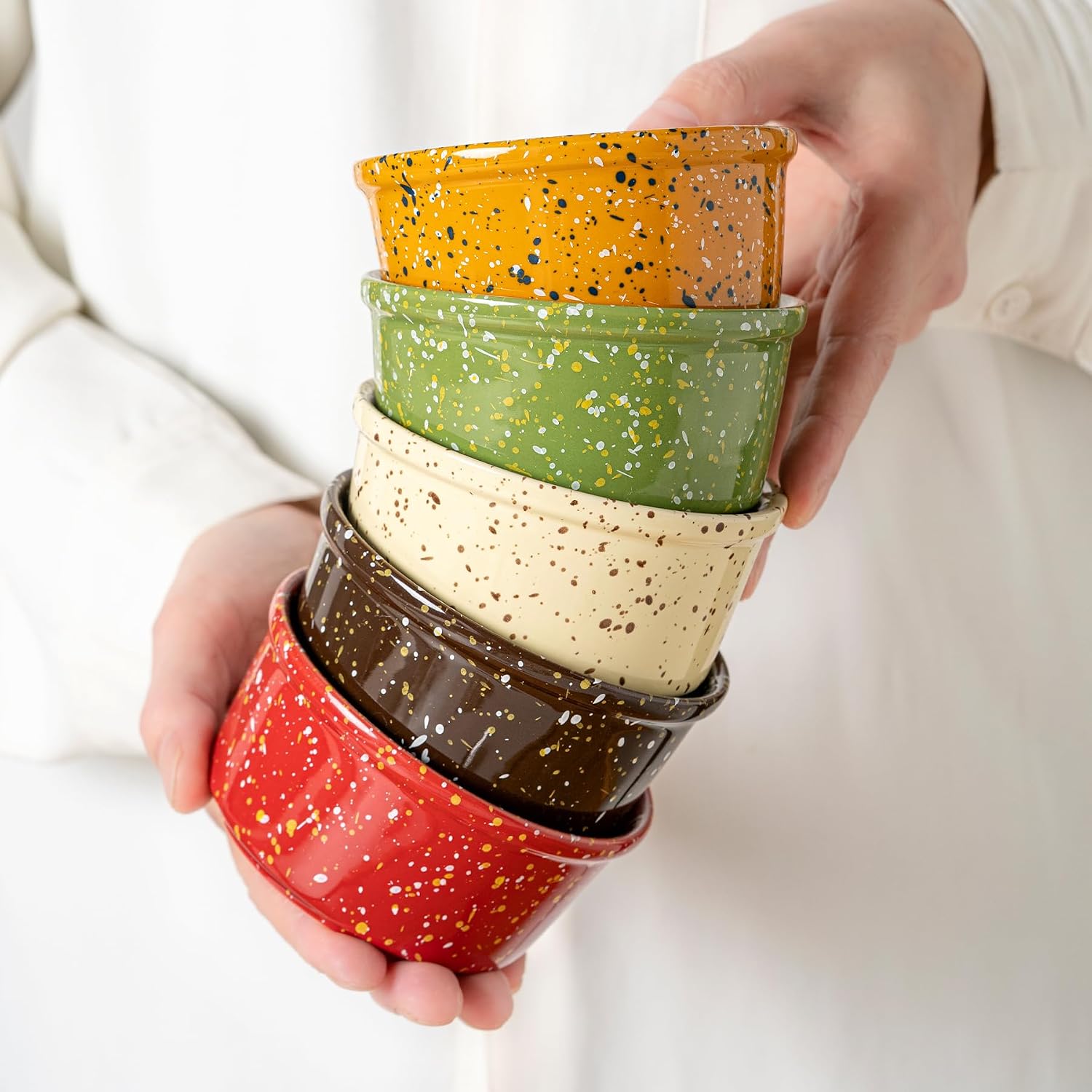 6 Oz Ceramic Ramekins, Speckled Oven Safe Mini Baking Cups for Creme Brulee Souffle Custard Pudding, Stackable & Dishwasher Safe (Orange)