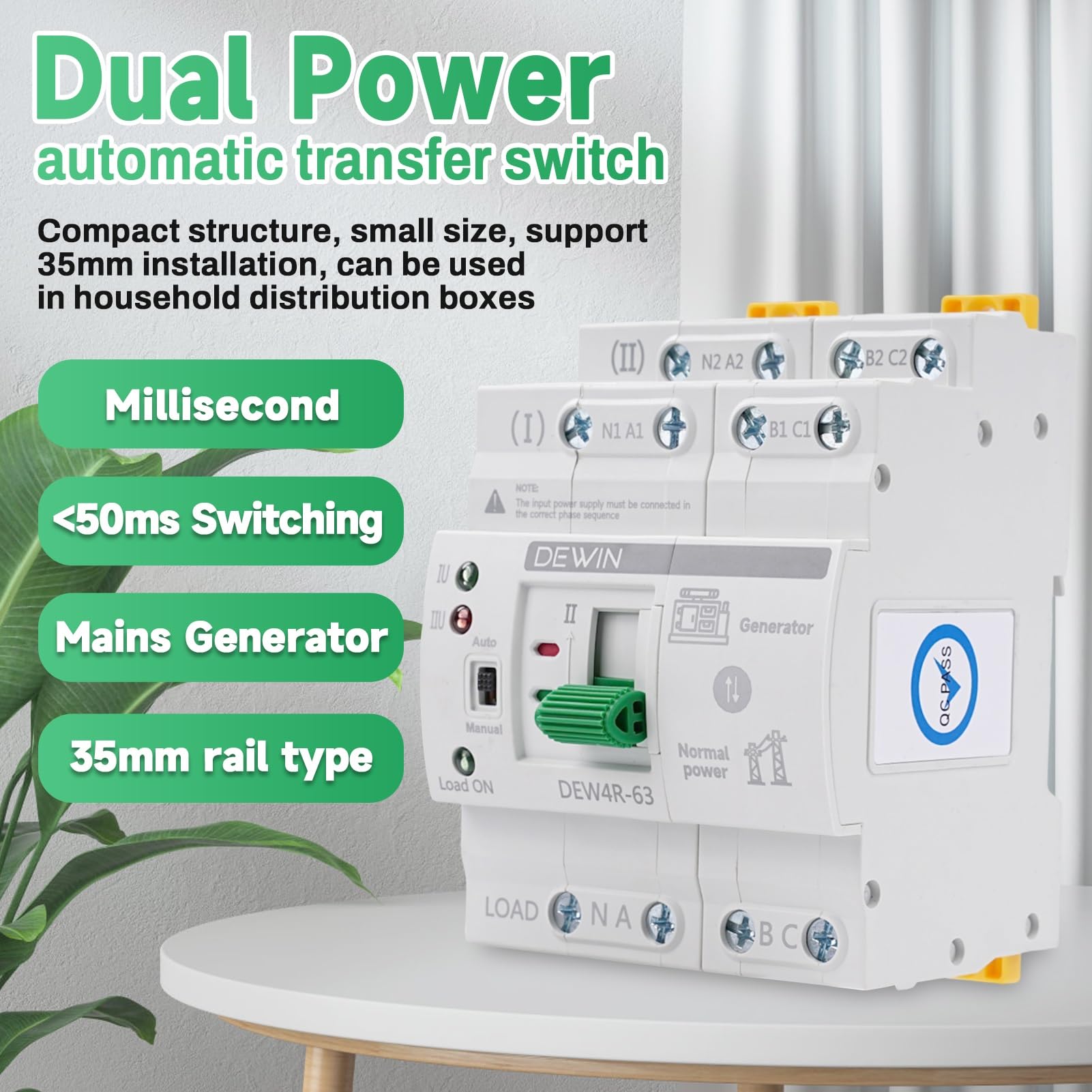 DEWIN Interruptor de Transferencia,4P 63A AC 400V Interruptor de Transferencia Automática ATS Conmutador de Transferencia Automática de Doble Potencia DEW4R-63