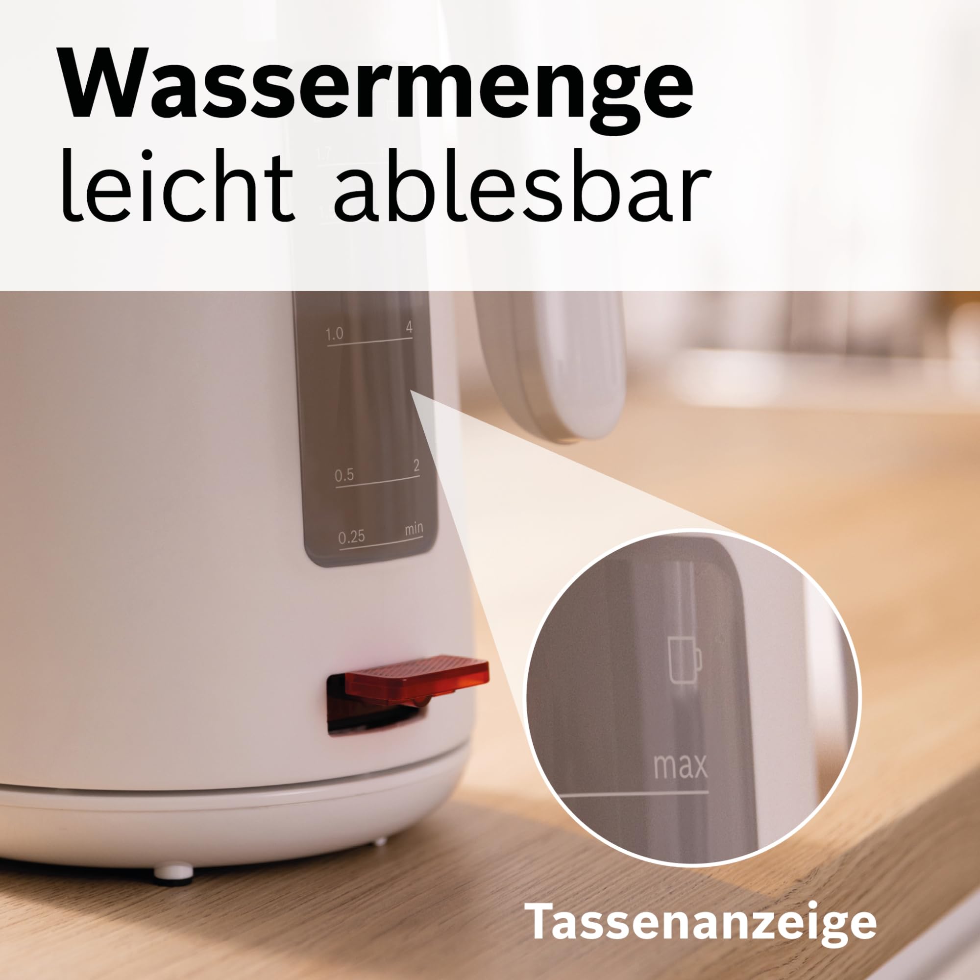 Bosch kabelloser Wasserkocher MyMoment TWK2M161, Abschaltautomatik, Überhitzungsschutz, Tassenanzeige, entnehmbarer Kalkfilter, Trockengehschutz, Dampfstopp-Automatik, 1,7 L, 2400 W, Weiß matt