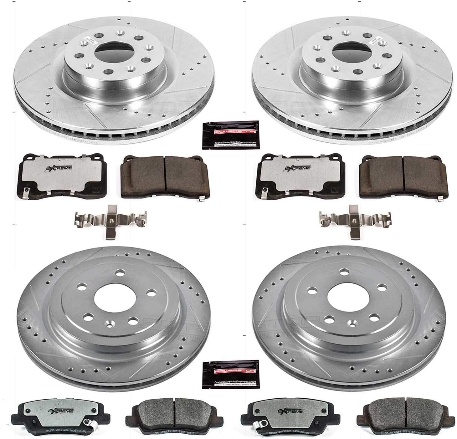 PowerStop Front and Rear Brake Kit for Cadillac CTS 2014-18 - Carbon-Fiber Ceramic Z26 Brake Pads + Drilled & Slotted Rotors Upgrade, K7817-26