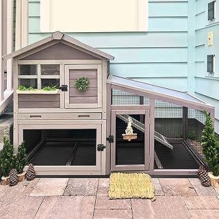 Rabbit Hutch for Outdoor Indoor Use Bunny Cage with PVC Layer and Bottom Wire Netting, Wooden Chicken Coop Rabbit House wi...