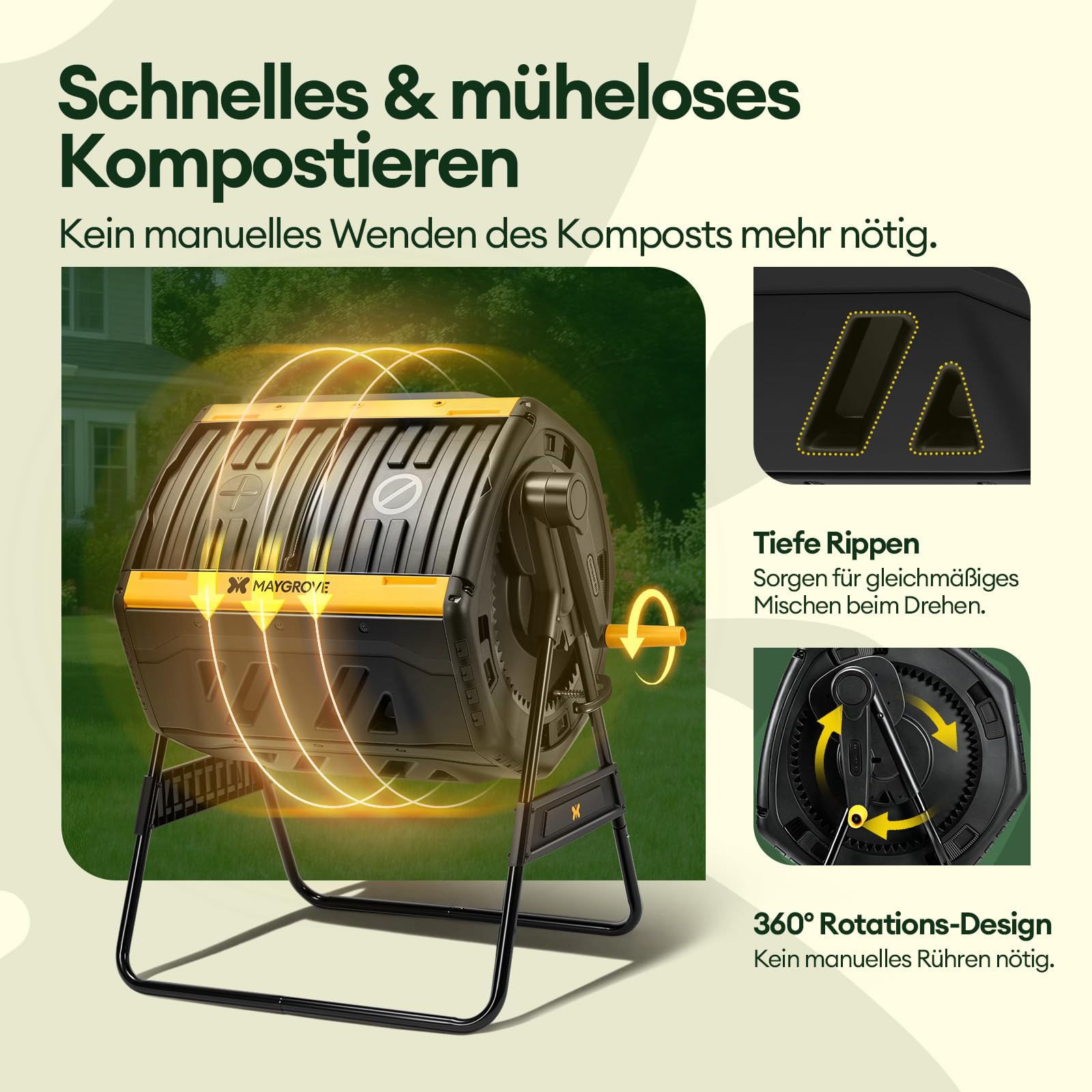 Maygrove Komposter Garten 200L Schnellkomposter mit 2 Großen Kammern und Schiebetüren Trommelkomposter 360°-Drehung mit Stabilem Stahlrahmen für Küchen- & Gartenabfälle