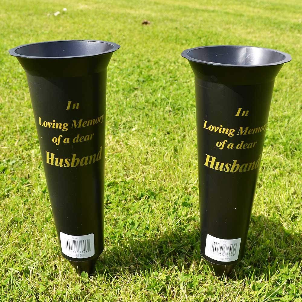 In Loving Memory Black 2 X Of A Dear Husband Verse Graveside Memorial Grave Spiked Flower Vase Durable Plastic With Gold Lettering