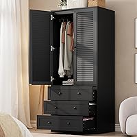 GarveeHome 69.5" Black Armoire Wardrobe with Louvered Doors, Hanging Rod & 3 Drawers - Large Bedroom Closet Storage Cabinet