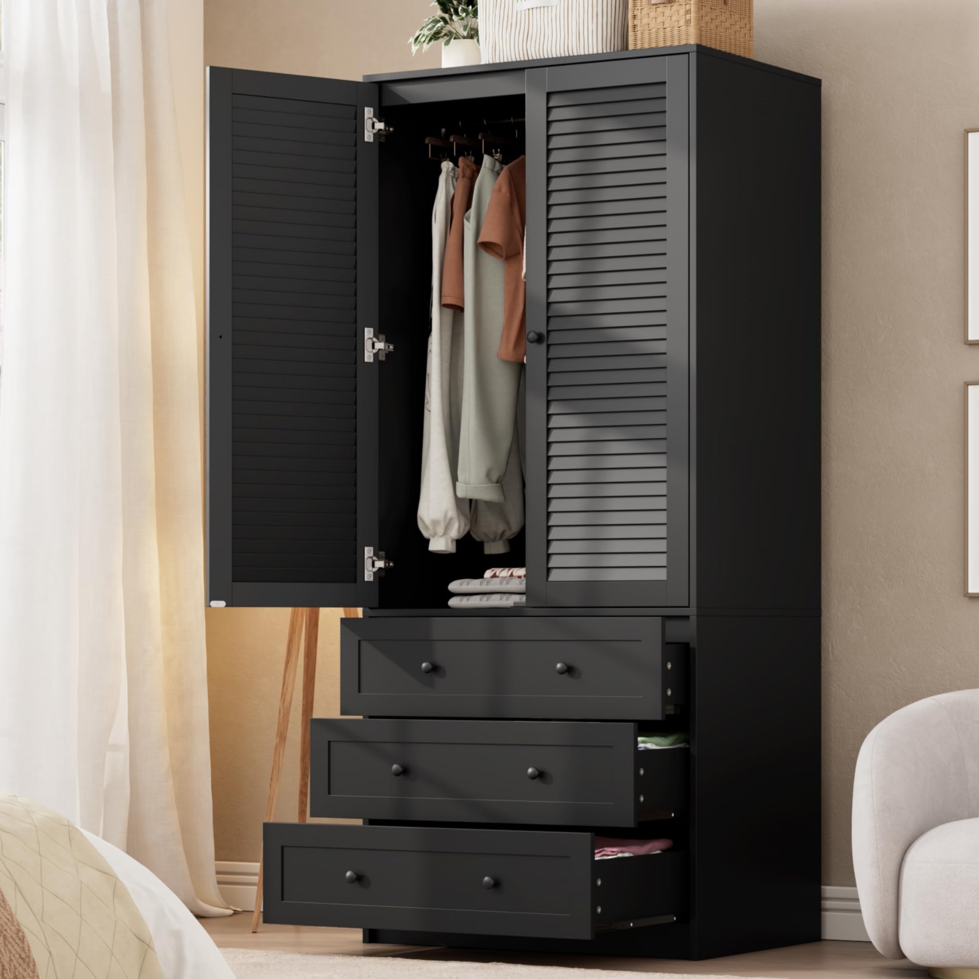 Condition photo showing New/Like New for GarveeHome Armoire Wardrobe Closet with Drawers, 69.5 in Wooden Wardrobe Cabinet with Hanging Rod, 2 Doors Clothing Storage Cabinet for Bedroom, Large Capacity Storage, Louvered Door, Black