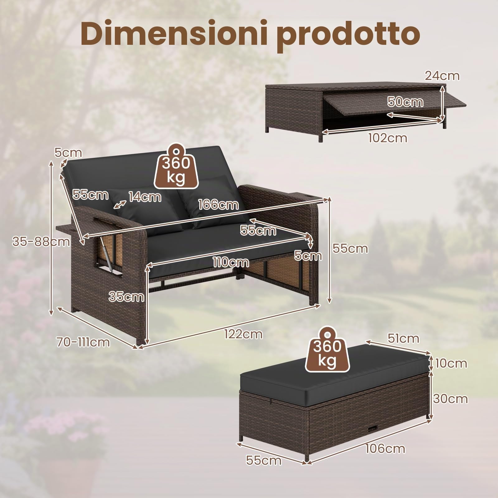 GIANTEX Divano da Giardino in Rattan con Poggiapiedi, Doppio Divano da Esterno con Schienale Regolabile, Mobili da Giardino per Terrazza, Balcone, Cortile | Design 3 in 1