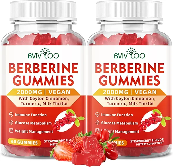 BVIVLOO 2 Packs Berberine Gummies,Sugar Free 2000mg High Potency Berberine HCI Supplement, Plus Ceylon Cinnamon, Milk Thistle for Women & Men, Immune System & Metabolism Support - 120 Gummies
