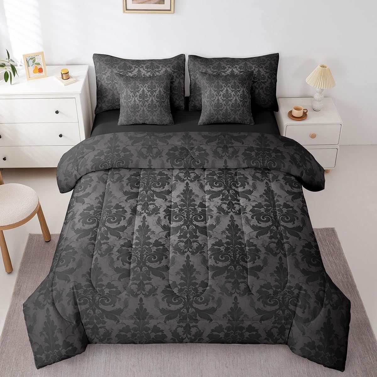 Erosebridal Gothic Bed in a Bag King Size Comforter Set 7 Pieces,Adults Black Damask Bedding Sets,Victorian Sheet Set with Comforter Vintage Baroque Goth Antique Black Floral Bohemian Decor,Grey