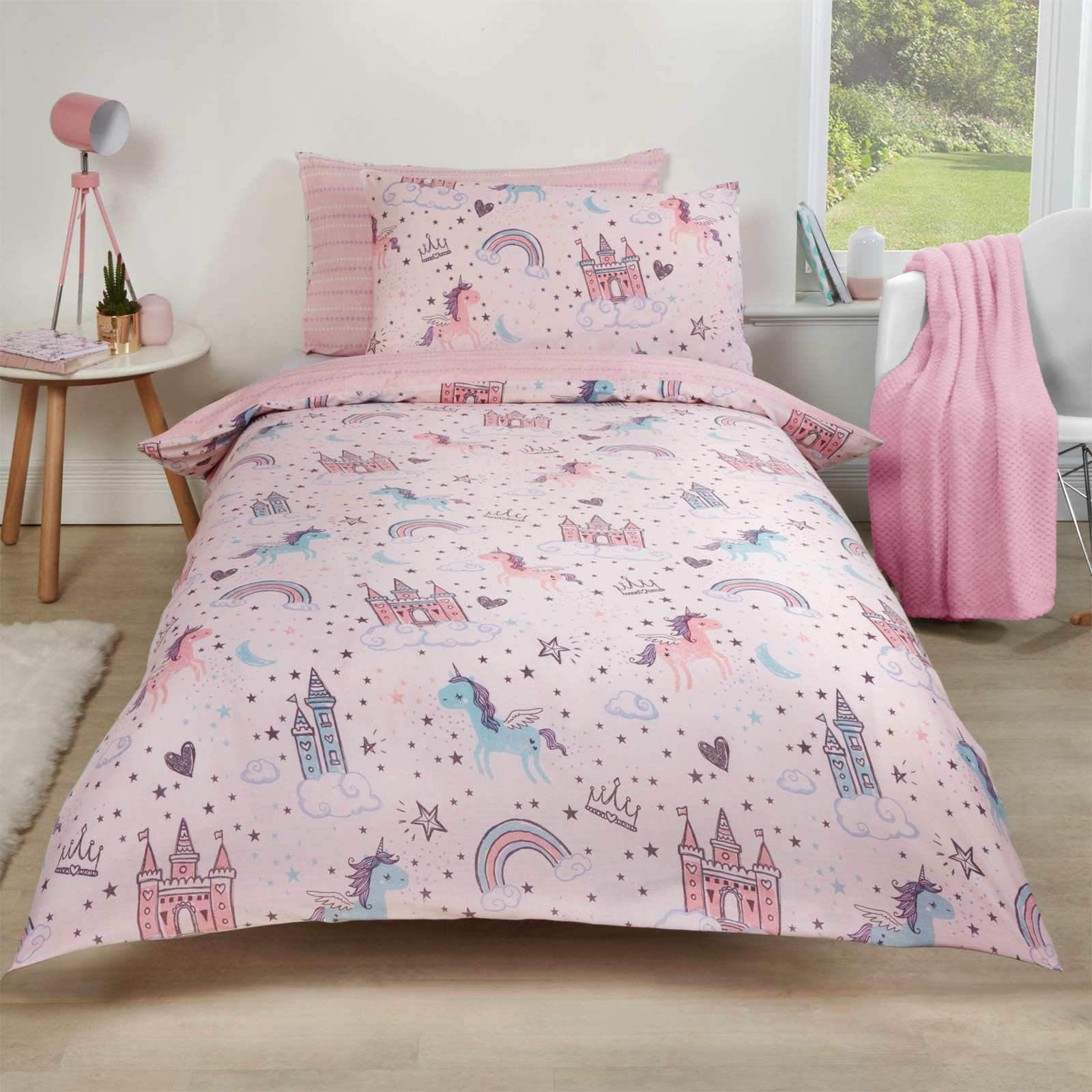Dreamscene Unicorn Kingdom Duvet Cover with Pillowcase, Pink - Double